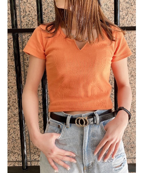 one way（ワンウェイ）の「【oneway Jeans】キーネックテレコトップス（Tシャツ/カットソー・レディース・ライトグレー/ホワイト/ライトブルー/ブラック/オレンジ・FREE）」の5枚目の写真