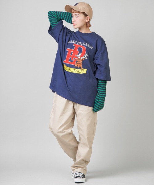 SPINNS（スピンズ）の「【ゆるシルエット】カレッジロゴ刺繍 半袖Tシャツ（Tシャツ/カットソー・レディース・ダークグリーン/ネイビー/オフホワイト/ブルー・ONESIZE）」の9枚目の写真