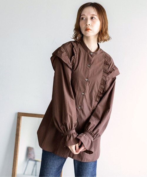 IENA(イエナ)の「エコナイロンルーズフリルシャツブラウス◆(シャツ/ブラウス・レディース・ライトグレー/ブラウン/グレー・FREE)」の3枚目の写真