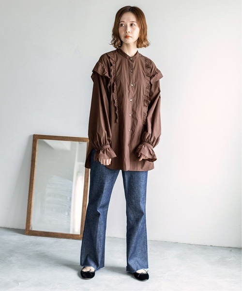 IENA(イエナ)の「エコナイロンルーズフリルシャツブラウス◆(シャツ/ブラウス・レディース・ライトグレー/ブラウン/グレー・FREE)」の6枚目の写真
