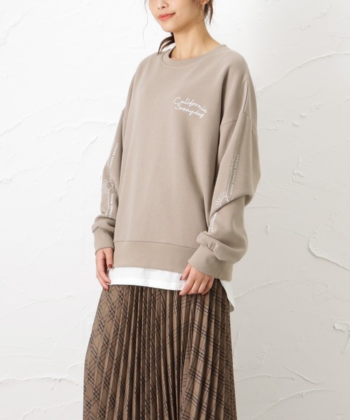 Mac-House（マックハウス）の「UNDERWRAPS アンダーラップス ビッグシルエット フェイクレイヤード ロゴ刺繍 裏起毛スウェットトレーナー（スウェット・レディース・ベージュ/グリーン/チャコール・フリー）」の17枚目の写真