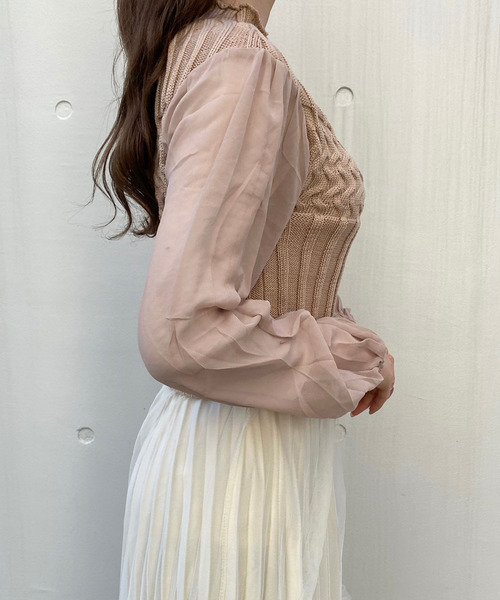 titty&Co. PETIT(ティティアンドコープティ)の「【titty&Co.PETIT】シフォンスリーブプチハイニットトップス(ニット/セーター・レディース・ホワイト/ブラック/ベージュ/ピンク・FREE)」の6枚目の写真