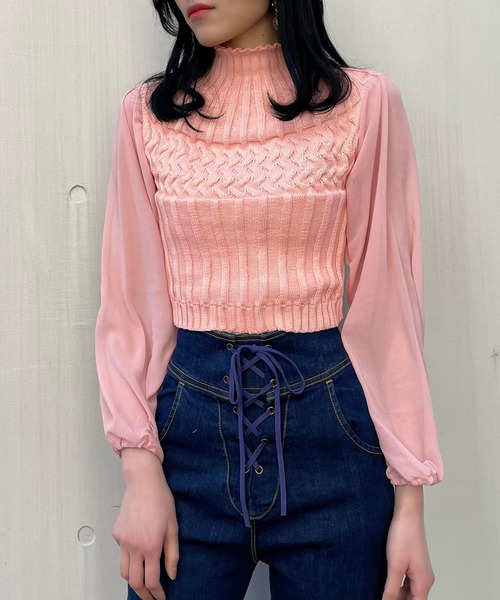 titty&Co. PETIT(ティティアンドコープティ)の「【titty&Co.PETIT】シフォンスリーブプチハイニットトップス(ニット/セーター・レディース・ホワイト/ブラック/ベージュ/ピンク・FREE)」の9枚目の写真