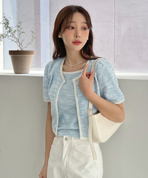 by muni:r（バイ ムニール）の「ツイード配色キャミソール＋カーディガンセット（カーディガン/ボレロ・レディース・ブラック/ブルー/アイボリー・FREE）」の3枚目の写真