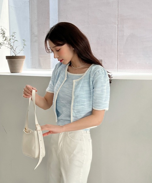 by muni:r（バイ ムニール）の「ツイード配色キャミソール＋カーディガンセット（カーディガン/ボレロ・レディース・ブラック/ブルー/アイボリー・FREE）」の4枚目の写真