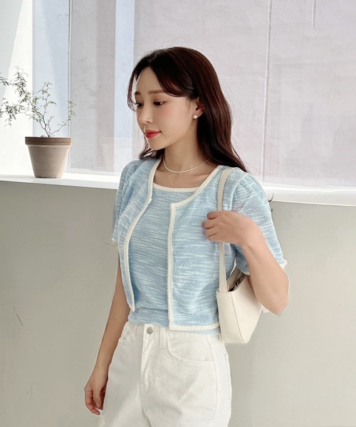 by muni:r（バイ ムニール）の「ツイード配色キャミソール＋カーディガンセット（カーディガン/ボレロ・レディース・ブラック/ブルー/アイボリー・FREE）」の6枚目の写真