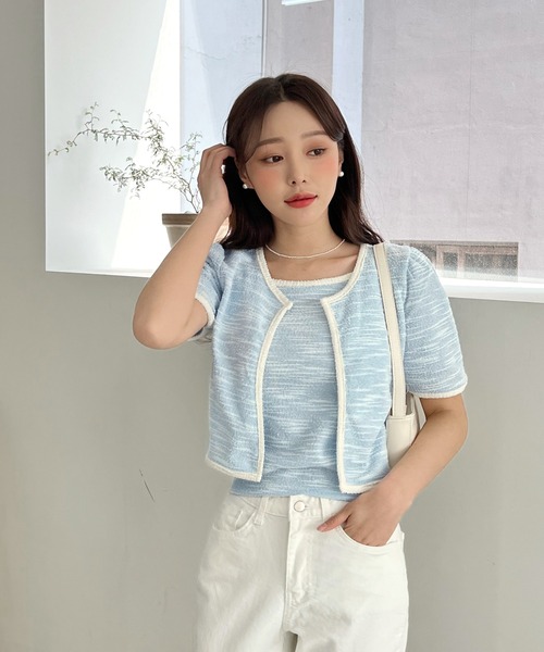 by muni:r（バイ ムニール）の「ツイード配色キャミソール＋カーディガンセット（カーディガン/ボレロ・レディース・ブラック/ブルー/アイボリー・FREE）」の9枚目の写真