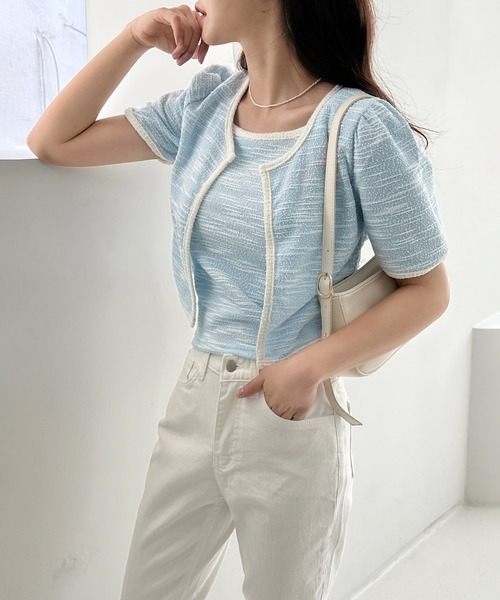 by muni:r（バイ ムニール）の「ツイード配色キャミソール＋カーディガンセット（カーディガン/ボレロ・レディース・ブラック/ブルー/アイボリー・FREE）」の11枚目の写真