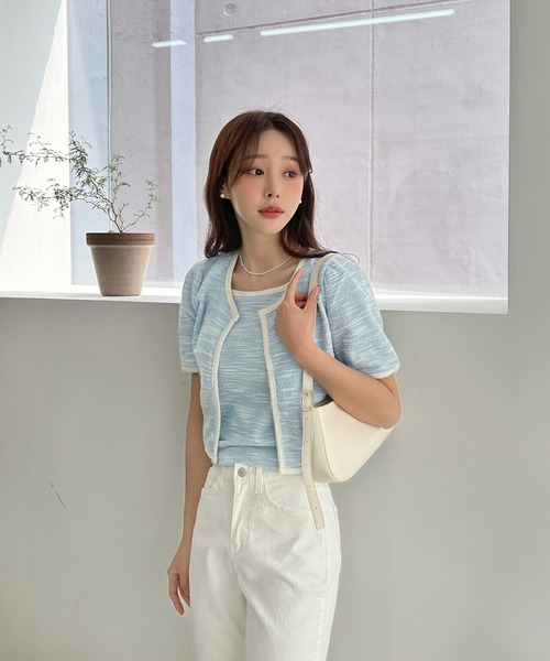 by muni:r（バイ ムニール）の「ツイード配色キャミソール＋カーディガンセット（カーディガン/ボレロ・レディース・ブラック/ブルー/アイボリー・FREE）」の12枚目の写真