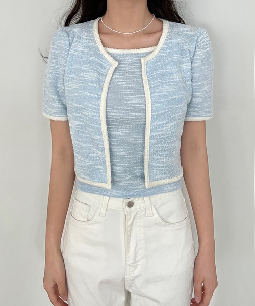 by muni:r（バイ ムニール）の「ツイード配色キャミソール＋カーディガンセット（カーディガン/ボレロ・レディース・ブラック/ブルー/アイボリー・FREE）」の13枚目の写真