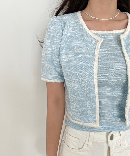 by muni:r（バイ ムニール）の「ツイード配色キャミソール＋カーディガンセット（カーディガン/ボレロ・レディース・ブラック/ブルー/アイボリー・FREE）」の14枚目の写真