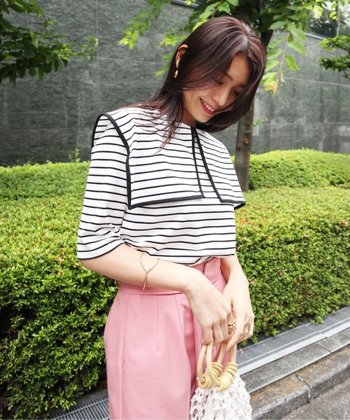 Brownie（ブラウニー）の「Brownie スクエアーカラー五分袖プルオーバー（Tシャツ/カットソー・レディース・ブラック/オフホワイト/ホワイト×ブラック/グリーン系その他・FREE）」の10枚目の写真