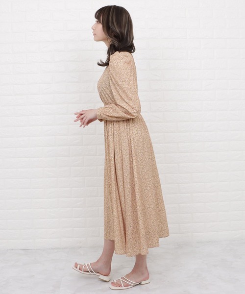 [OAK + FORT] ふんわりパフスリーブ・花柄ミディ・ワンピース セール】小花柄パフスリーブロングフレアワンピース（ワンピース