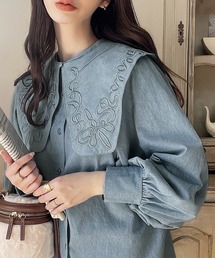 大人可愛く好印象♪綿100、3wayコード刺繍ビッグカラーダンガリーブラウス(取り外し可能)