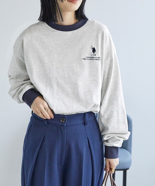 U.S. POLO ASSN.(ユーエスポロアッスン)の「U.S. POLO ASSN. /ユーエスポロアッスン 別注 オーバーサイズ 刺繍ロゴリンガー配色ロングTシャツ(Tシャツ/カットソー・レディース・オフホワイト/アイボリー系2/アイボリー系1/杢グレー/ホワイト系・FREE)」の5枚目の写真