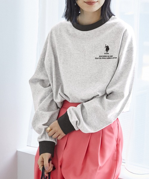 U.S. POLO ASSN.(ユーエスポロアッスン)の「U.S. POLO ASSN. /ユーエスポロアッスン 別注 オーバーサイズ 刺繍ロゴリンガー配色ロングTシャツ(Tシャツ/カットソー・レディース・オフホワイト/アイボリー系2/アイボリー系1/杢グレー/ホワイト系・FREE)」の3枚目の写真