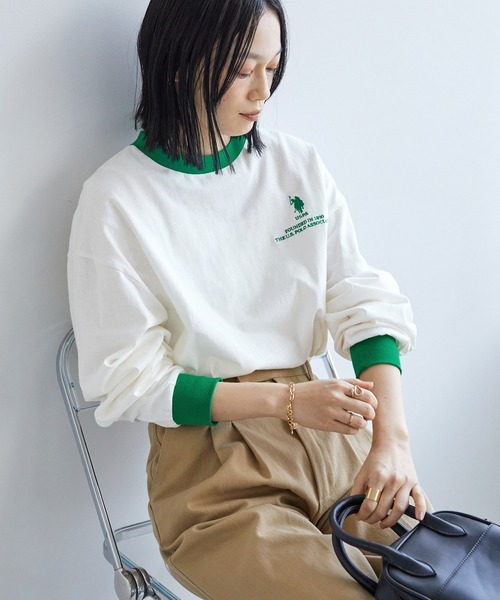 U.S. POLO ASSN.(ユーエスポロアッスン)の「U.S. POLO ASSN. /ユーエスポロアッスン 別注 オーバーサイズ 刺繍ロゴリンガー配色ロングTシャツ(Tシャツ/カットソー・レディース・オフホワイト/アイボリー系2/アイボリー系1/杢グレー/ホワイト系・FREE)」の2枚目の写真