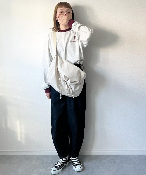 U.S. POLO ASSN.(ユーエスポロアッスン)の「U.S. POLO ASSN. /ユーエスポロアッスン 別注 オーバーサイズ 刺繍ロゴリンガー配色ロングTシャツ(Tシャツ/カットソー・レディース・オフホワイト/アイボリー系2/アイボリー系1/杢グレー/ホワイト系・FREE)」の7枚目の写真