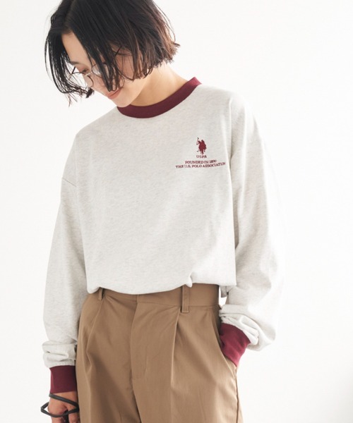 U.S. POLO ASSN.(ユーエスポロアッスン)の「U.S. POLO ASSN. /ユーエスポロアッスン 別注 オーバーサイズ 刺繍ロゴリンガー配色ロングTシャツ(Tシャツ/カットソー・レディース・オフホワイト/アイボリー系2/アイボリー系1/杢グレー/ホワイト系・FREE)」の8枚目の写真