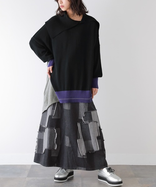 osharewalker（オシャレウォーカー）の「『デザイン襟配色アシメニット』（ニット/セーター・レディース・ブラック・FREE）」の3枚目の写真