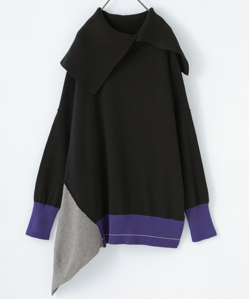 osharewalker（オシャレウォーカー）の「『デザイン襟配色アシメニット』（ニット/セーター・レディース・ブラック・FREE）」の4枚目の写真