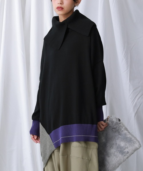 osharewalker（オシャレウォーカー）の「『デザイン襟配色アシメニット』（ニット/セーター・レディース・ブラック・FREE）」の11枚目の写真