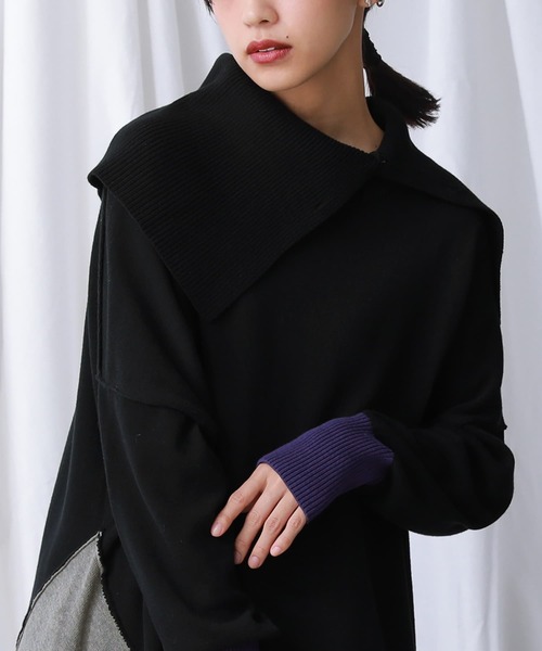 osharewalker（オシャレウォーカー）の「『デザイン襟配色アシメニット』（ニット/セーター・レディース・ブラック・FREE）」の2枚目の写真