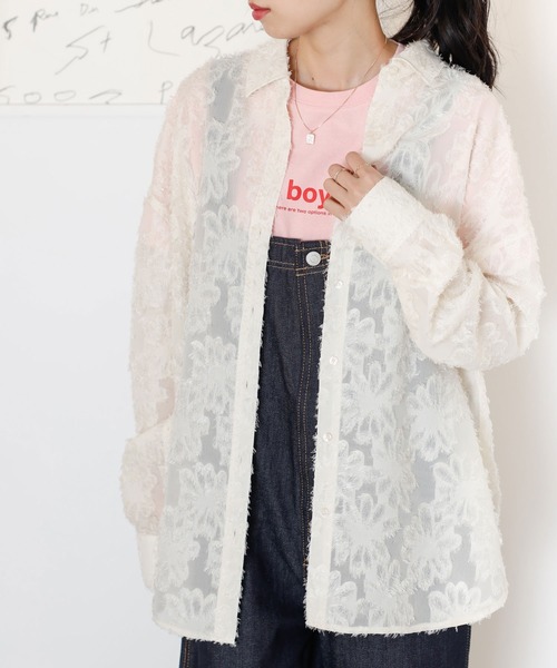 GeeRA(ジーラ)の「フリンジジャカードシアーシャツ(シャツ/ブラウス・レディース・ネイビー/オフホワイト・LARGE/MEDIUM)」の3枚目の写真