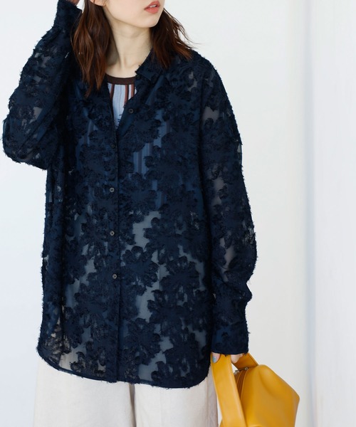 GeeRA(ジーラ)の「フリンジジャカードシアーシャツ(シャツ/ブラウス・レディース・ネイビー/オフホワイト・LARGE/MEDIUM)」の7枚目の写真