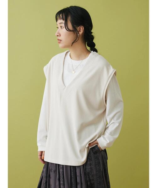 CRAFT STANDARD BOUTIQUE(クラフトスタンダードブティック)の「ミニワッフルVネックベスト+L/S プルオーバーSET(Tシャツ/カットソー・レディース・ブラック/アイボリー/グリーン・L/M)」の4枚目の写真