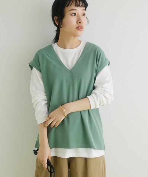 CRAFT STANDARD BOUTIQUE(クラフトスタンダードブティック)の「ミニワッフルVネックベスト+L/S プルオーバーSET(Tシャツ/カットソー・レディース・ブラック/アイボリー/グリーン・L/M)」の1枚目の写真