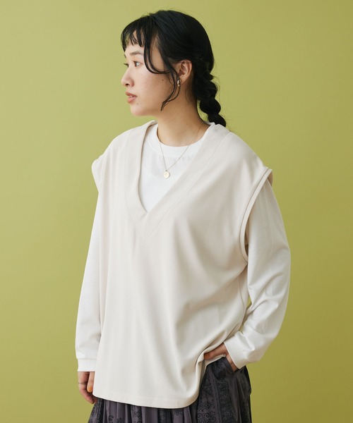 CRAFT STANDARD BOUTIQUE(クラフトスタンダードブティック)の「ミニワッフルVネックベスト+L/S プルオーバーSET(Tシャツ/カットソー・レディース・ブラック/アイボリー/グリーン・L/M)」の2枚目の写真