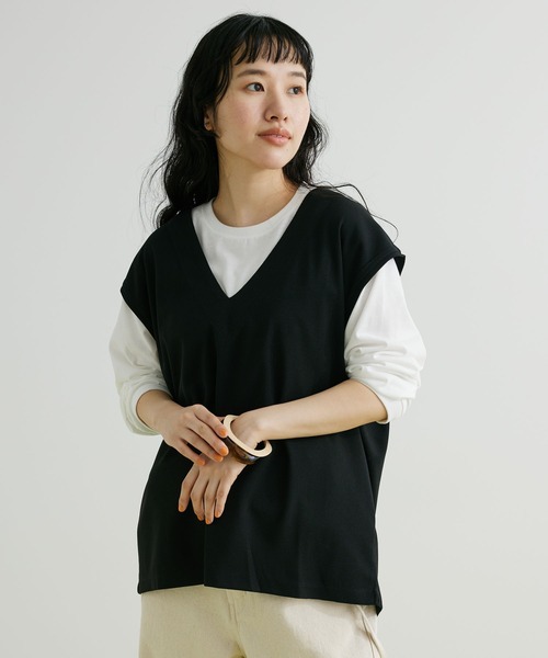 CRAFT STANDARD BOUTIQUE(クラフトスタンダードブティック)の「ミニワッフルVネックベスト+L/S プルオーバーSET(Tシャツ/カットソー・レディース・ブラック/アイボリー/グリーン・L/M)」の3枚目の写真