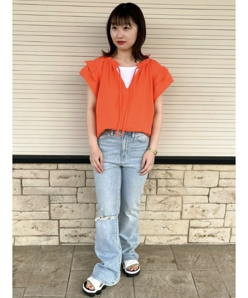 GAP(ギャップ)の「クリンクルガーゼ フリッタースリーブトップス(シャツ/ブラウス・レディース・ブラック/オフホワイト/オレンジ・XS/S/M/L/XXS)」の9枚目の写真