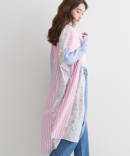 【新品 タグ付】AECA BLANC スタンドカラー シャツチュニック ピンク系 Pitta Re:)】 カジュアルシャツ Wガーゼ スタンド 七分袖 ピンク
