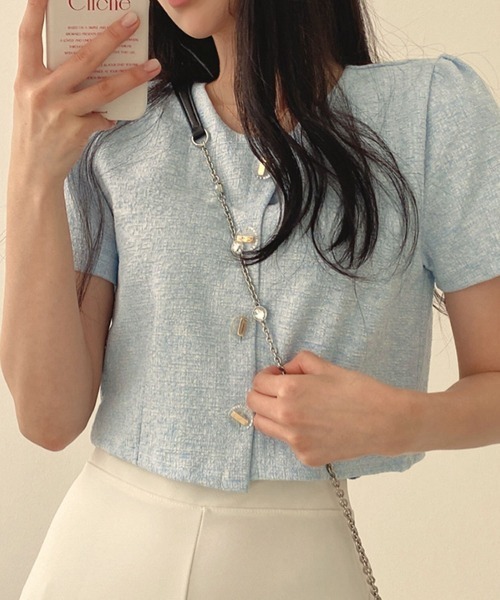 【新品未使用】plage ノーカラー half sleeve ジャケット36半袖 セール】麻ライク半袖ノーカラージャケット（ノーカラー