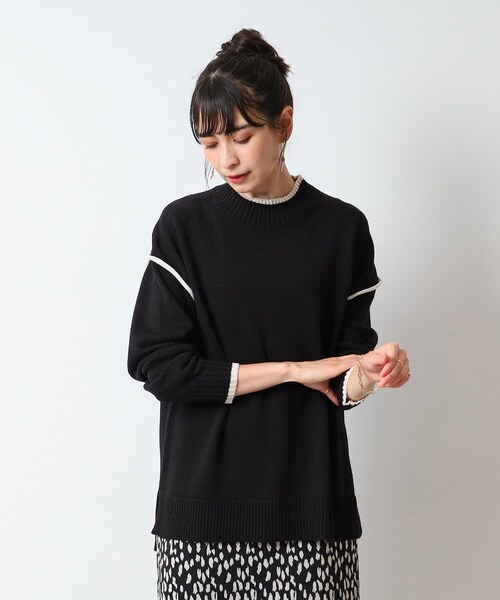 DRESKIP（ドレスキップ）の「◆【洗える/体型カバー】大人カジュアル 配色 モックネックニット（ニット/セーター・レディース・ブラック/オレンジ/サンドベージュ/ブルー・03/02/04）」の2枚目の写真