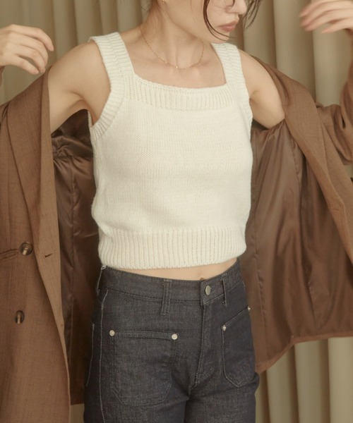 ACYM(アシーム)の「Mini knit ビスチェ(タンクトップ・レディース・ブラック/ホワイト・FREE)」の2枚目の写真