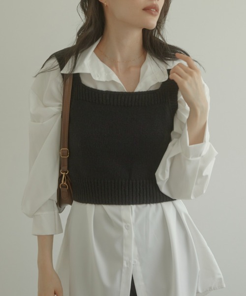 ACYM(アシーム)の「Mini knit ビスチェ(タンクトップ・レディース・ブラック/ホワイト・FREE)」の1枚目の写真