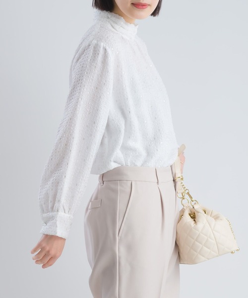 PICCIN(ピッチン)の「ラメフィルムサッカーハイネックブラウス(シャツ/ブラウス・レディース・ネイビー/オフホワイト・M)」の7枚目の写真