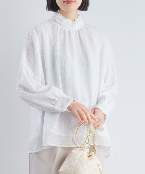PICCIN(ピッチン)の「ラメフィルムサッカーハイネックブラウス(シャツ/ブラウス・レディース・ネイビー/オフホワイト・M)」の3枚目の写真