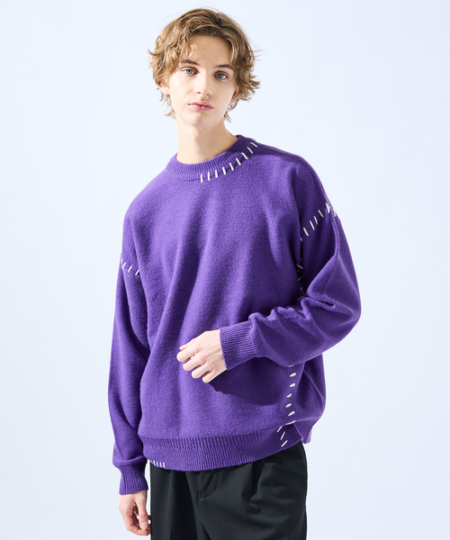 AH ABAHOUSE(エーエイチアバハウス)の「【AH ABAHOUSE】ハンドステッチ プルオーバー ニット(ニット/セーター・メンズ・ホワイト/グリーン/ブラック/グレイッシュベージュ/グレイッシュブルー/パープル・48/46)」の6枚目の写真