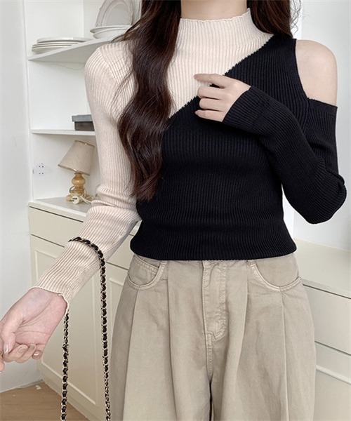 FREE STYLISTS(フリー スタイリスト)の「肩オープン配色リブニットトップス(ニット/セーター・レディース・ホワイト/ブラック×グリーン/ブラック×イエロー/ブラック×ベージュ/ブラック×グレー・FREE)」の5枚目の写真