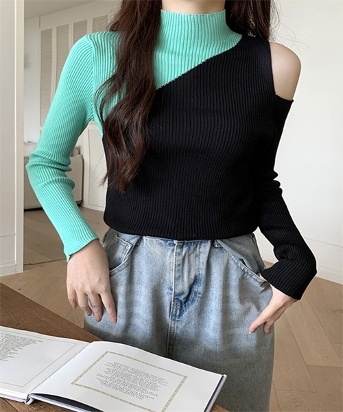 FREE STYLISTS(フリー スタイリスト)の「肩オープン配色リブニットトップス(ニット/セーター・レディース・ホワイト/ブラック×グリーン/ブラック×イエロー/ブラック×ベージュ/ブラック×グレー・FREE)」の3枚目の写真