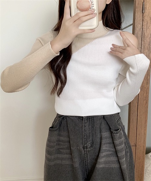 FREE STYLISTS(フリー スタイリスト)の「肩オープン配色リブニットトップス(ニット/セーター・レディース・ホワイト/ブラック×グリーン/ブラック×イエロー/ブラック×ベージュ/ブラック×グレー・FREE)」の9枚目の写真