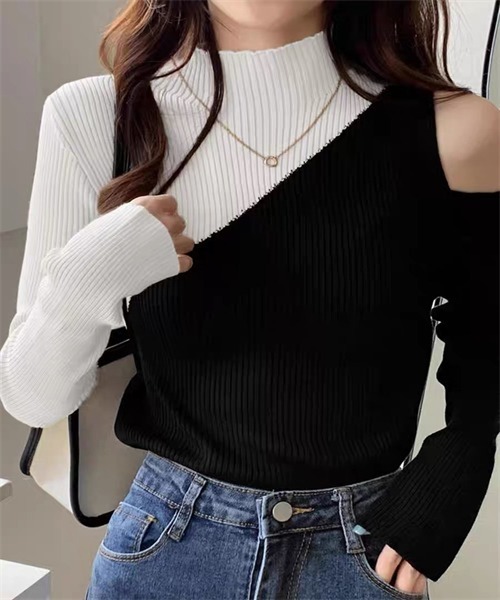 FREE STYLISTS(フリー スタイリスト)の「肩オープン配色リブニットトップス(ニット/セーター・レディース・ホワイト/ブラック×グリーン/ブラック×イエロー/ブラック×ベージュ/ブラック×グレー・FREE)」の11枚目の写真