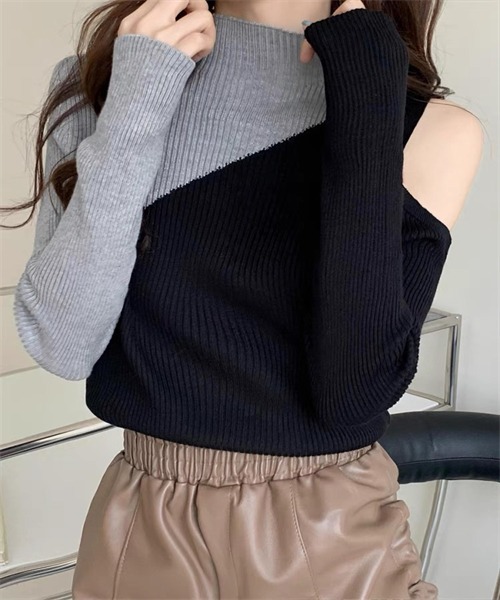 FREE STYLISTS(フリー スタイリスト)の「肩オープン配色リブニットトップス(ニット/セーター・レディース・ホワイト/ブラック×グリーン/ブラック×イエロー/ブラック×ベージュ/ブラック×グレー・FREE)」の18枚目の写真
