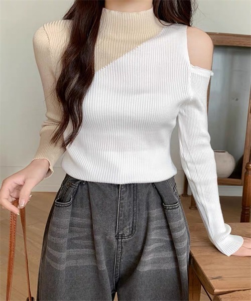 FREE STYLISTS(フリー スタイリスト)の「肩オープン配色リブニットトップス(ニット/セーター・レディース・ホワイト/ブラック×グリーン/ブラック×イエロー/ブラック×ベージュ/ブラック×グレー・FREE)」の7枚目の写真