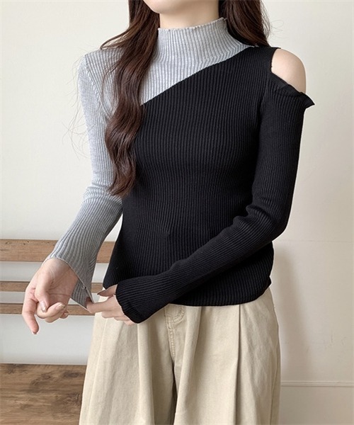FREE STYLISTS(フリー スタイリスト)の「肩オープン配色リブニットトップス(ニット/セーター・レディース・ホワイト/ブラック×グリーン/ブラック×イエロー/ブラック×ベージュ/ブラック×グレー・FREE)」の19枚目の写真