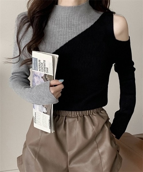 FREE STYLISTS(フリー スタイリスト)の「肩オープン配色リブニットトップス(ニット/セーター・レディース・ホワイト/ブラック×グリーン/ブラック×イエロー/ブラック×ベージュ/ブラック×グレー・FREE)」の15枚目の写真